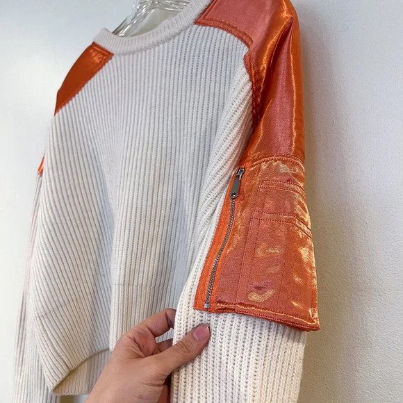 Maje x Schott Wool Blend Cream Satin Designer Cropped Pullover Cropped Sweater 1 - Picture 3 of 8